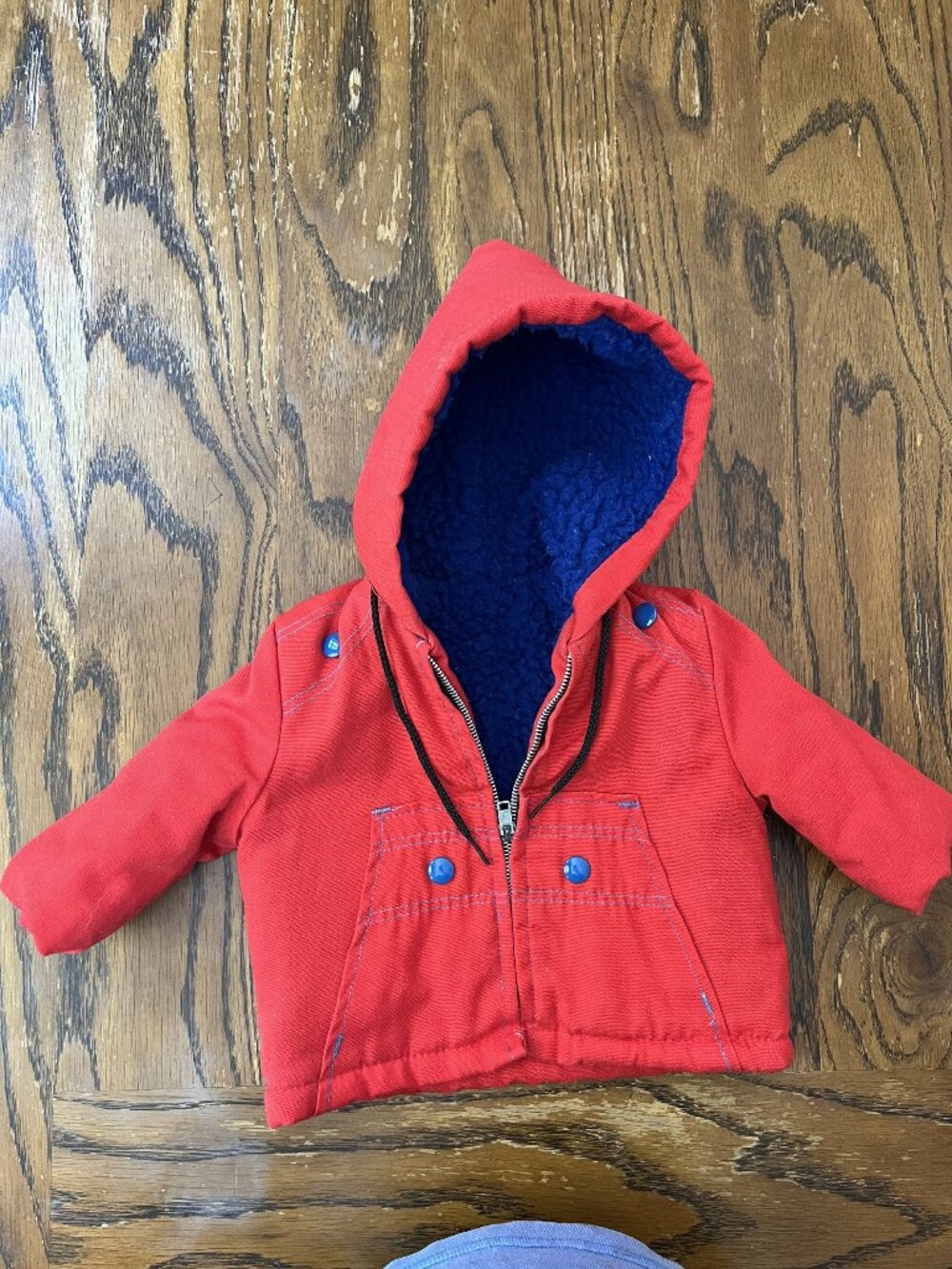 Vintage Red Baby Hooded Coat With Blue Sherpa Lining Buttoned Pockets And Zip Cl